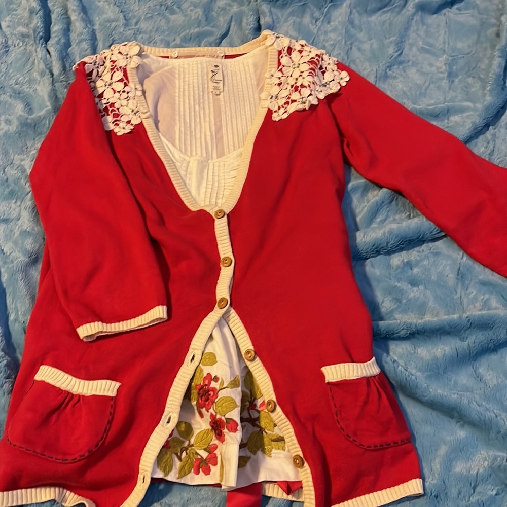 Anthro Nick & Mo 100% cotton cherry red cardigan